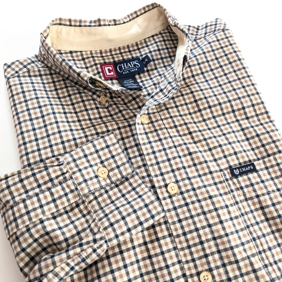 Chaps Men's Plaid Shirt in Navy and Tan ~ Size Large - Picture 1 of 10